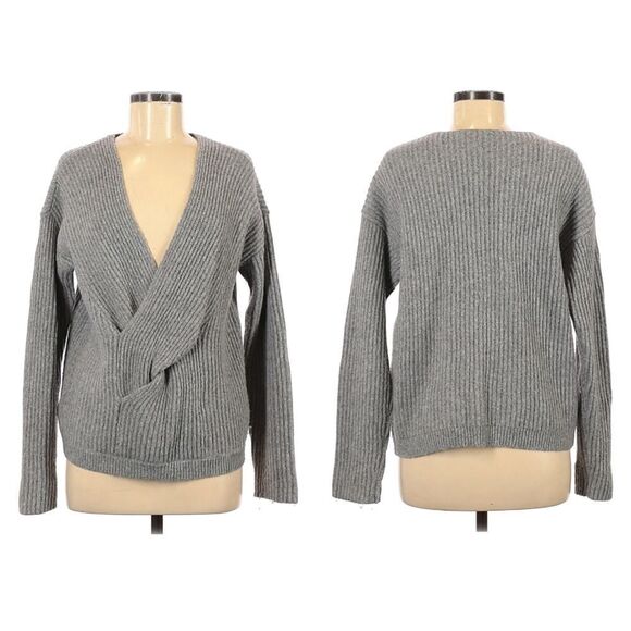 ANN TAYLOR Gray Ribbed Wrap Knit Wool Alpaca Jumper Sweater M - Picture 1 of 7